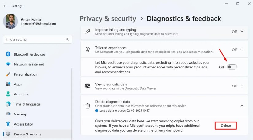 Tailored Experiences toggle in the Settings app.