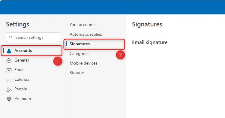The Accounts and Signatures menus in the new Outlook&rsquo;s Settings dialog box.