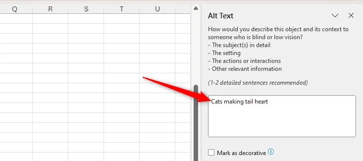 The alternative text &lsquo;Cats making tail heart&rsquo; in Excel&rsquo;s Alt Text pane.
