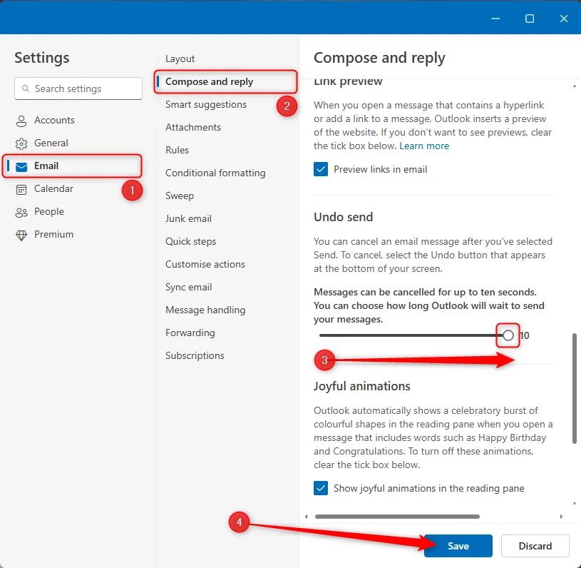 The Compose And Reply menu in new Outlook&rsquo;s settings, with the Undo Send slider moved to the right.