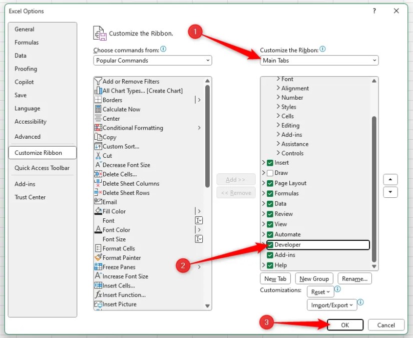 The Developer tab is checked in the Excel Options window, and the OK button is selected.
