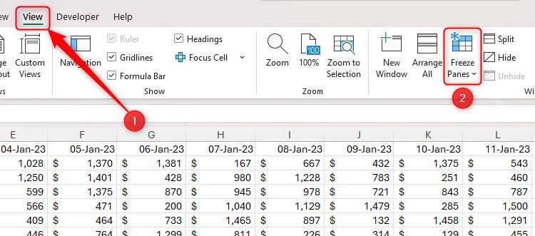 The Freeze Panes button in the View tab on Excel&rsquo;s ribbon is highlighted.