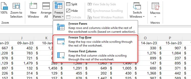 The Freeze Top Row and Freeze First Column options are selected in Microsoft Excel.