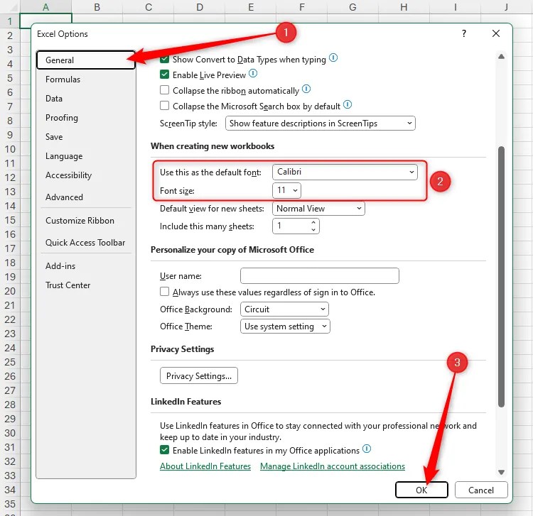 The General menu in the Excel Options window, with the font typeface and size highlighted, and the OK button selected.