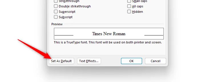 The Set As Default button in Word&rsquo;s Font dialog box is highlighted.