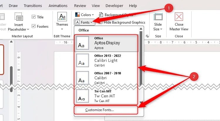 The Slide Master font selector in Microsoft PowerPoint, with the default styles and Customize Fonts indicated as the two options from which to select.