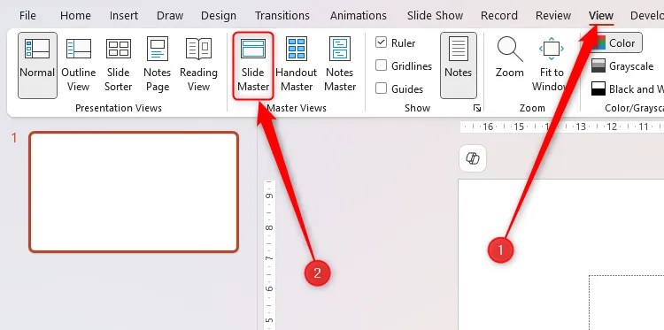 The Slide Master icon in the View tab on the ribbon in PowerPoint is selected.