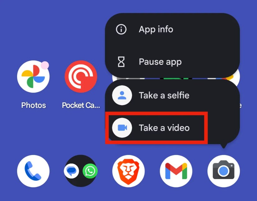 The Take a Video option from the Pixel Camera app.