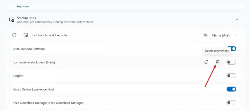 Trash icon next next to app under the Startup apps section.