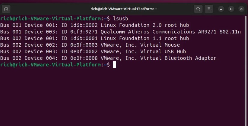 Ubuntu terminal showing USB device list from &lsquo;lsusb&rsquo; command.
