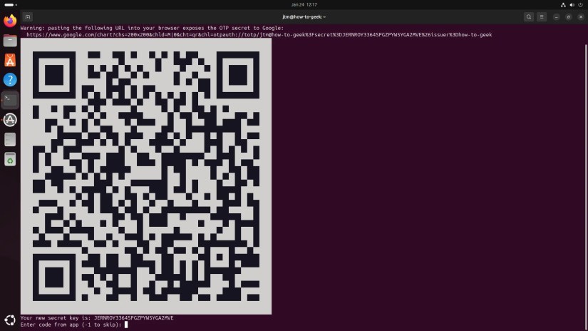 Ubuntu terminal showing Google Authenticator QR code for setting up 2FA.