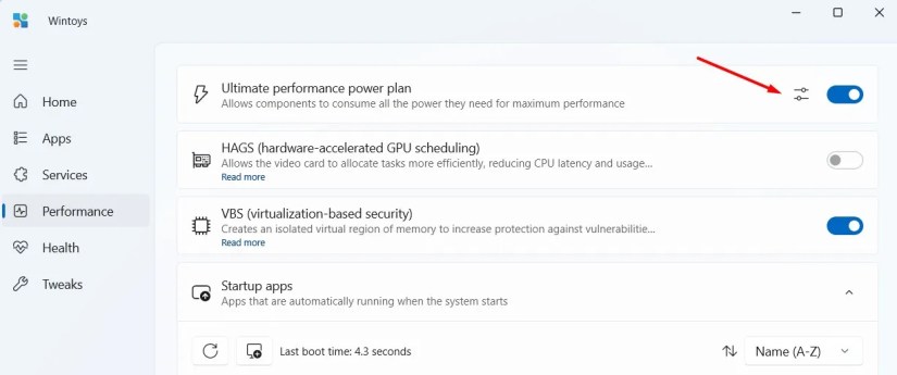 Ultimate performance power plan option  in the Wintoys app.