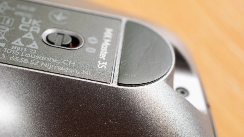 A macro shot showing a Logitech MX Master 3S&rsquo;s foot.