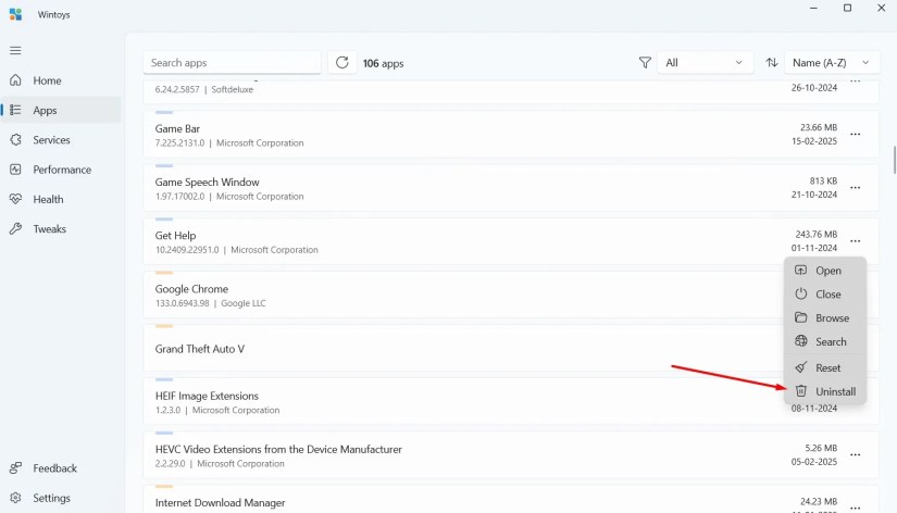 Uninstall option in the Wintoys app.
