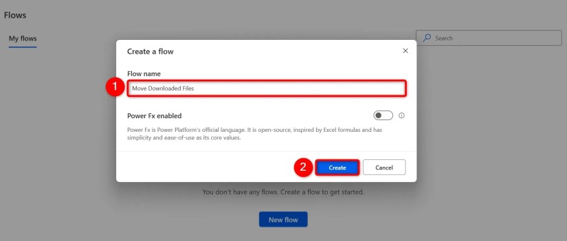 &ldquo;Flow Name&rdquo; and &ldquo;Create&rdquo; highlighted on the &ldquo;Create a Flow&rdquo; window.