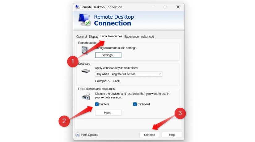 Enabling the Printers option in the Remote Desktop Connection settings.