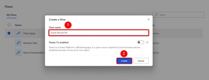&ldquo;Flow Name&rdquo; and &ldquo;Create&rdquo; highlighted on the &ldquo;Create a Flow&rdquo; window.
