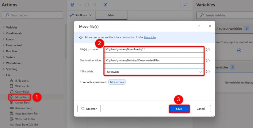 Various options highlighted on the &ldquo;Move File(s)&rdquo; window.