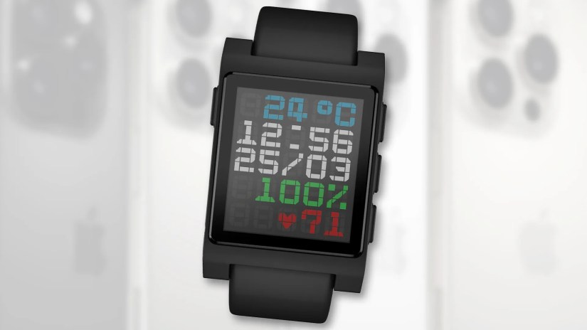 The Core Time 2 PebbleOS smartwatch over a group of iPhones.