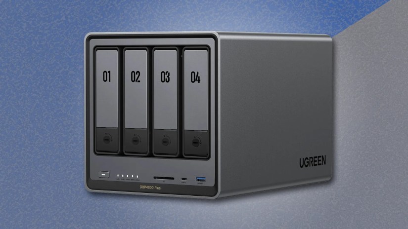 The UGREEN DXP4800 Plus on a blue and gray background.