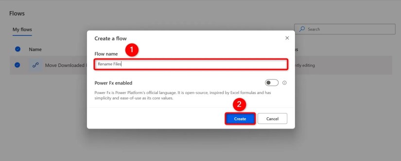 &ldquo;Flow Name&rdquo; and &ldquo;Create&rdquo; highlighted on the &ldquo;Create a Flow&rdquo; window.