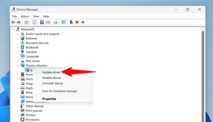 &ldquo;Update Driver&rdquo; highlighted for a graphics adapter in Device Manager.