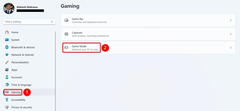 &ldquo;Gaming&rdquo; and &ldquo;Game Mode&rdquo; highlighted in Windows 11 Settings.