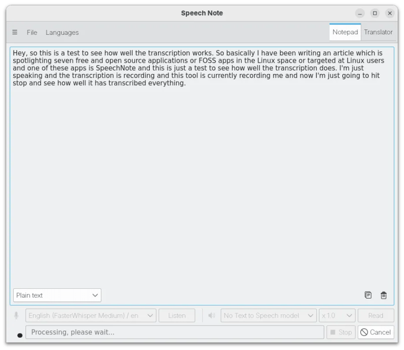 Speech Note transcription sample.