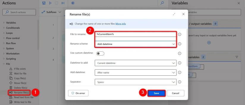 Various options highlighted on the &ldquo;Rename File(s)&rdquo; window.