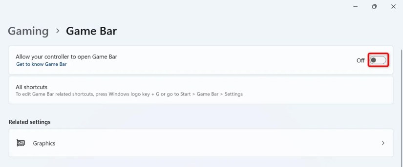 &ldquo;Allow Your Controllers to Open Game Bar&rdquo; highlighted in Windows 11 Settings.