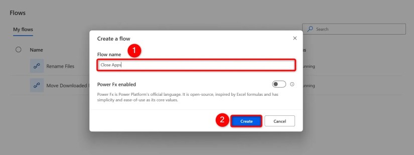 &ldquo;Flow Name&rdquo; and &ldquo;Create&rdquo; highlighted on the &ldquo;Create a Flow&rdquo; window.