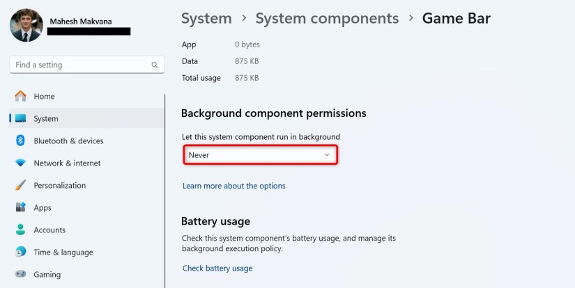 &ldquo;Let This System Component Run in Background&rdquo; highlighted for Game Bar in Windows 11 Settings.