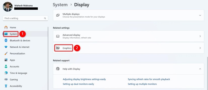&ldquo;System&rdquo; and &ldquo;Graphics&rdquo; highlighted in Windows 11 Settings.