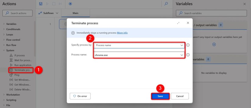 Various options highlighted on the &ldquo;Terminate Process&rdquo; window.