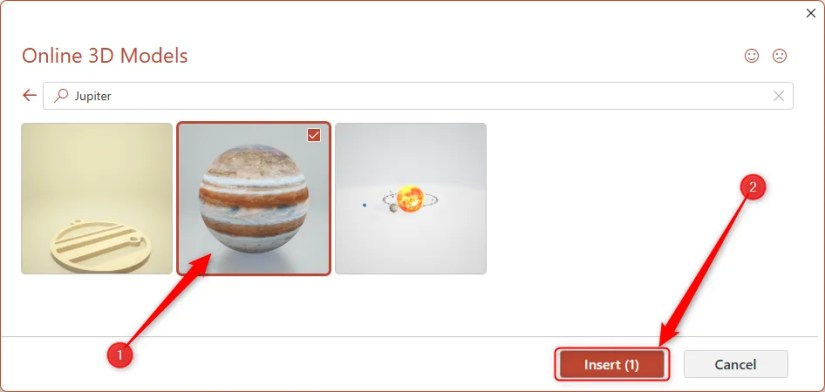 A 3D model of Jupiter is selected in Microsoft&rsquo;s 3D Models gallery in PowerPoint, and the Insert button is highlighted.