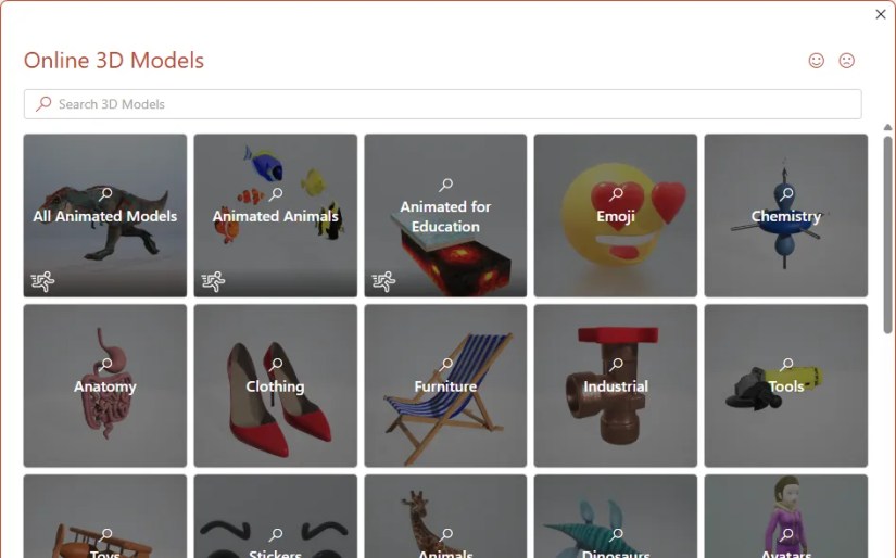 A dialog box in PowerPoint showing Microsoft&rsquo;s gallery of stock 3D models.