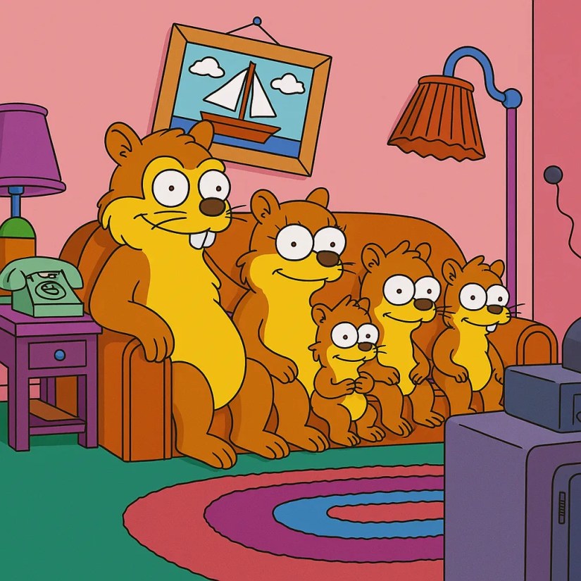 A family of chipmunks in the style of the Simpsons.