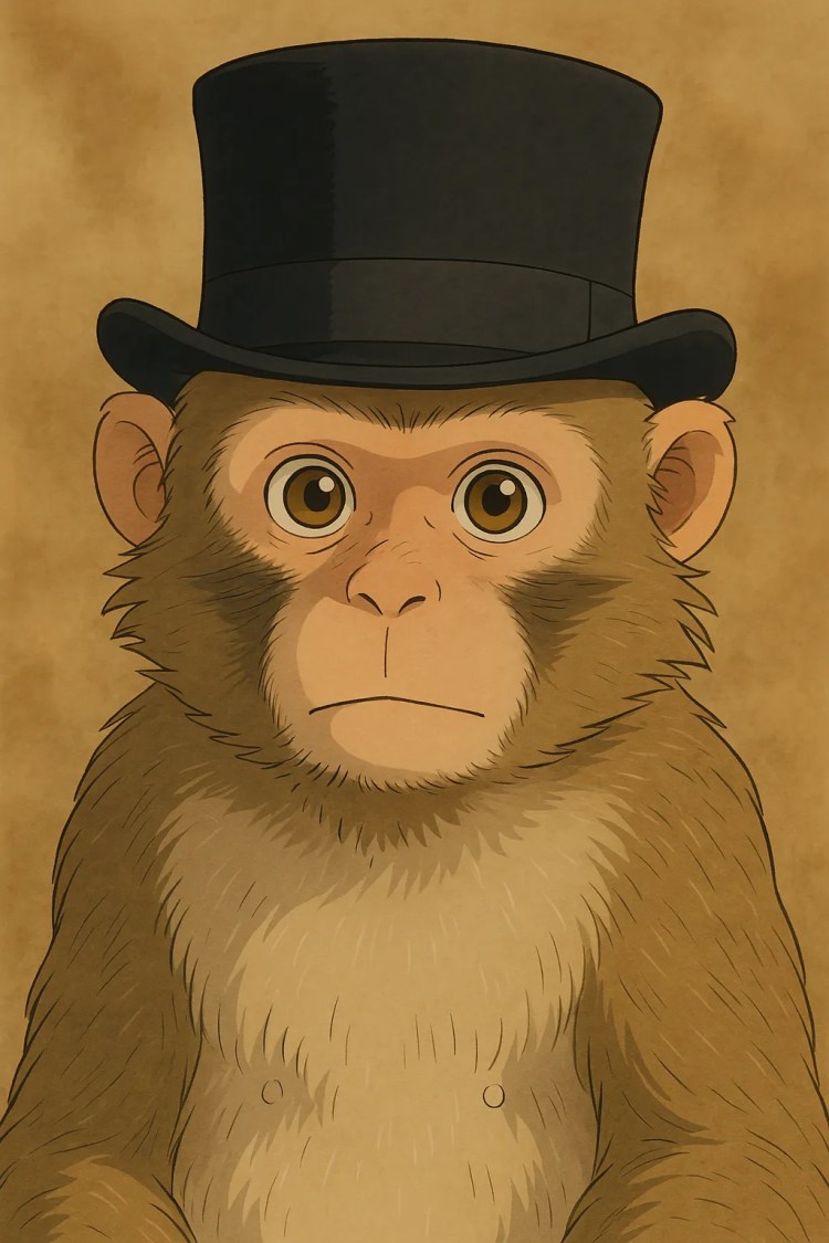 A monkey in a top hat in the style of Studio Ghibli.