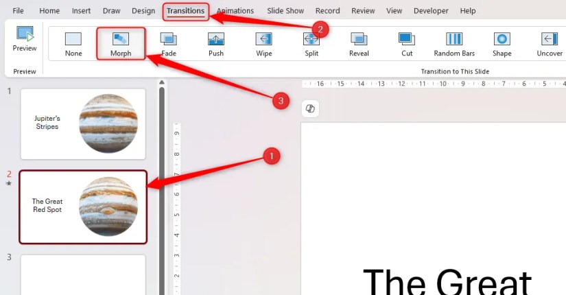 A slide is selected in PowerPoint&rsquo;s thumbnail pane, and the Morph button in the Transitions tab is selected.