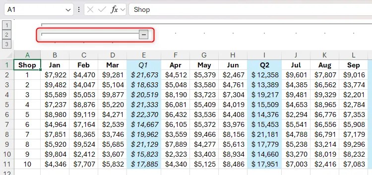 A subgroup of columns in Excel, with the grouping line and minus sign that indicate this group highlighted.