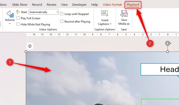 A video in PowerPoint is selected, and the Playback tab on the ribbon is opened.