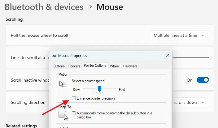Advanced mouse settings menu in Windows 11 with a red arrow pointing to the &lsquo;Enhance Pointer Precision&rsquo; checkbox.