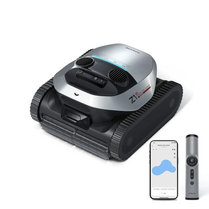 Black and silver robotic pool cleaner with a remote and app
