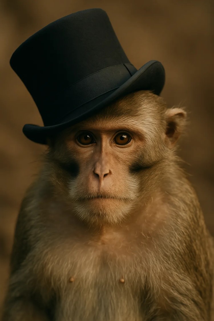 An image of a monkey in a top hat with the hat moved to a thirty degree angle