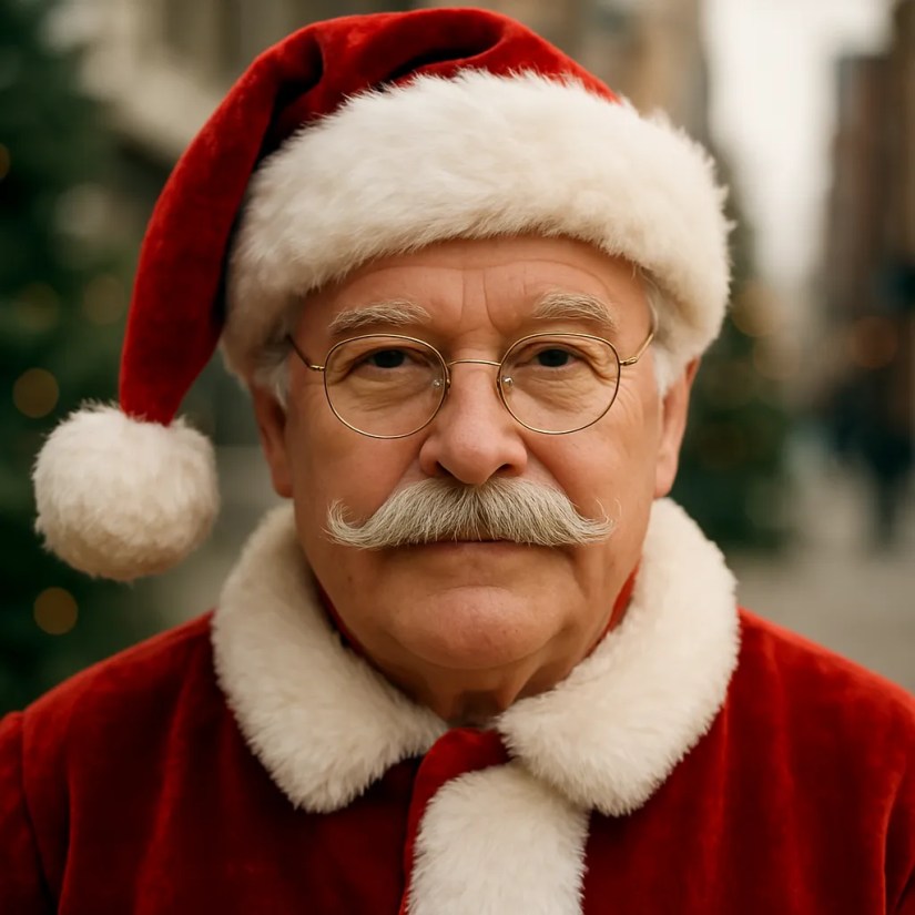 An image of Santa with a mustache but no beard.