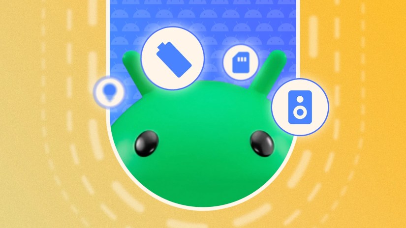 Android mascot&rsquo;s face in the center with some icons around it.