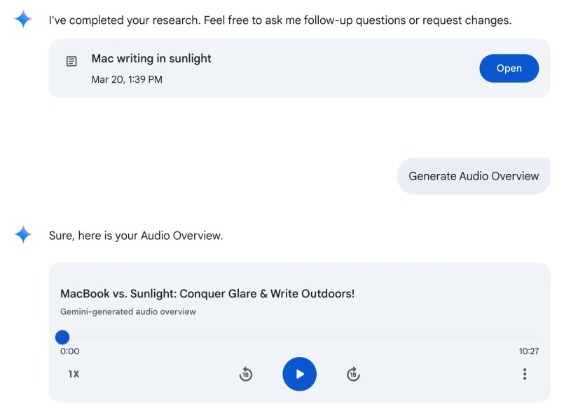Asking Gemini to generate an Audio Overview of a Deep Research report.