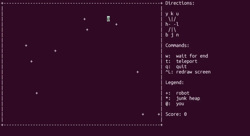 BSD games Robots game in progress.