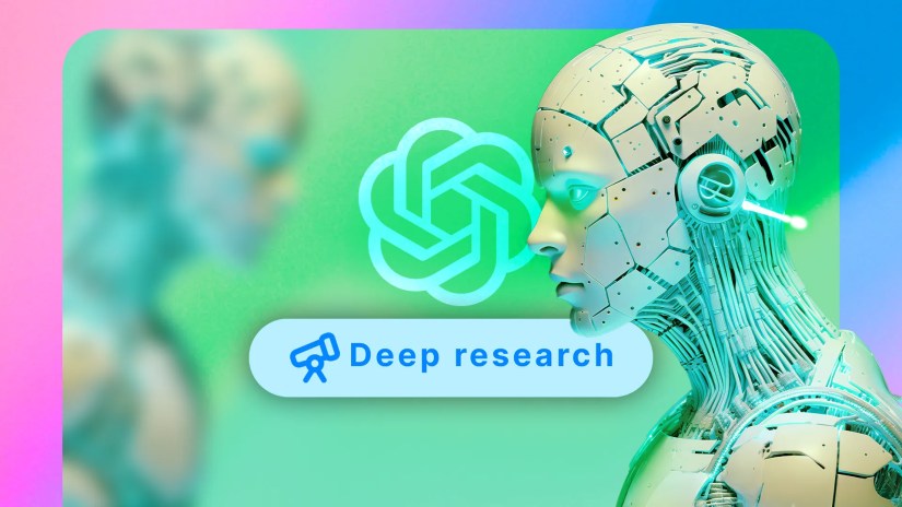 ChatGPT logo featuring a &lsquo;deep research&rsquo; button and an AI robot next to it.