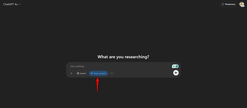 ChatGPT&rsquo;s web interface with a red arrow pointing to the &ldquo;Deep Research&rdquo; feature.